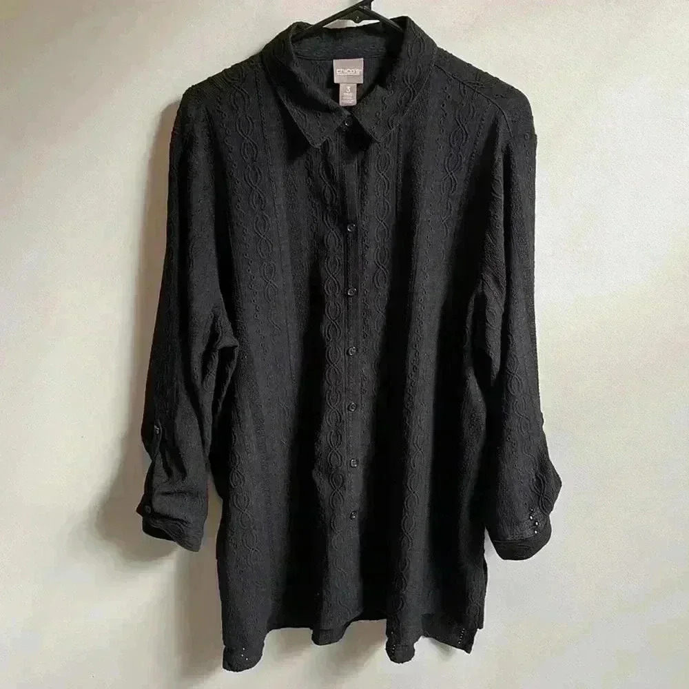 Chico's Black Collared Button Up Embroidered Detail Size 3 XL